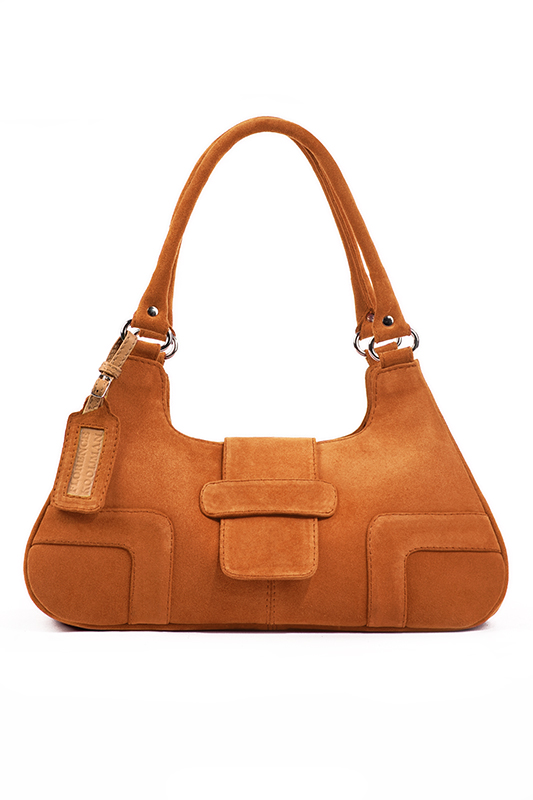 Apricot orange women's dress handbag, matching pumps and belts. Top view - Florence KOOIJMAN
